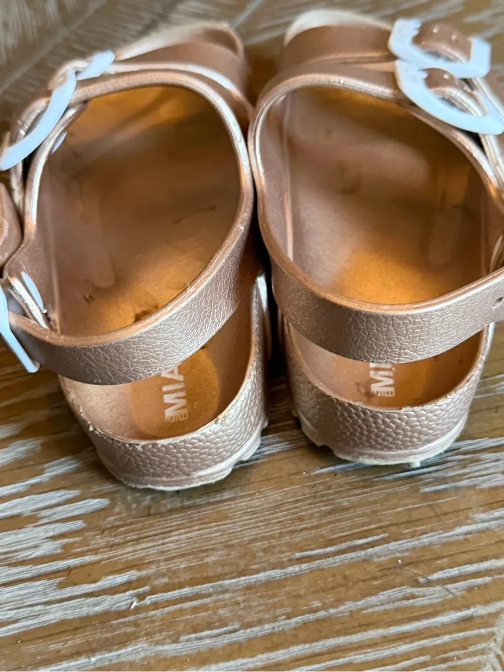 MIA Kids Metallic Rose Gold Double-Buckle Sandals with White Buckles